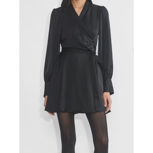New Aritzia Babaton Hyde Satin Black Mini Wrap Tie Dress Sz XL $158